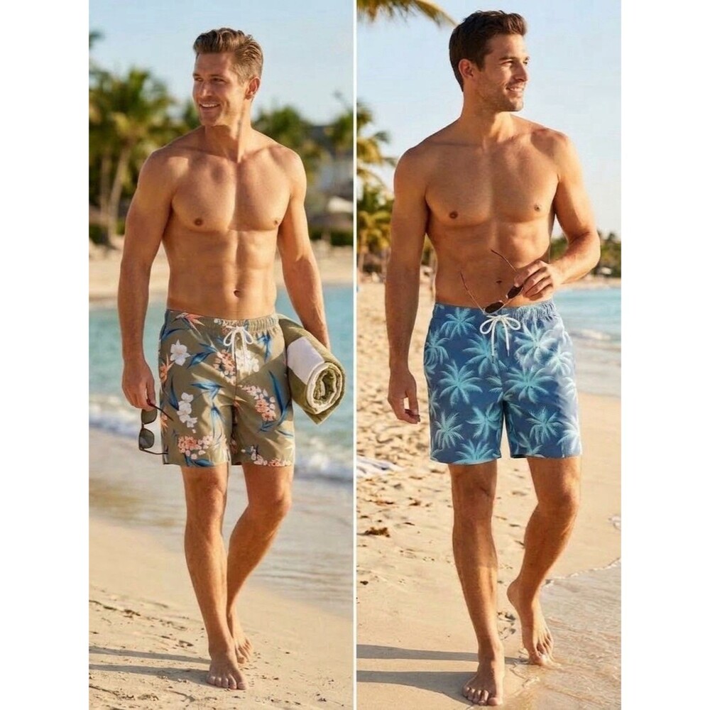 Lot of 2 American Eagle Mens tropical Palm Swim Trunks XXL Board Shorts Beach